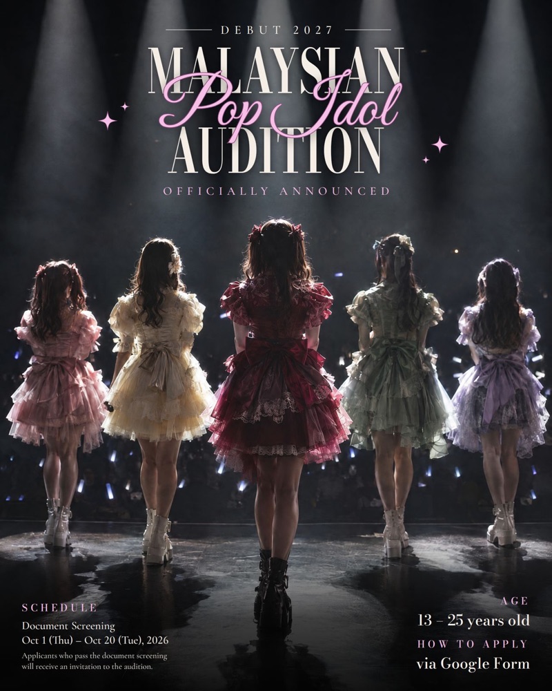Malaysian Pop Idol Audition — Debut 2027. Document screening Oct 1 – Oct 20, 2026. Age 13–25.